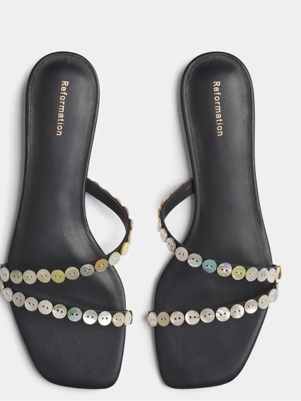 Reformation Black Shoshana Slide Sandals w/ Iridescent Shell Discs Womens 6 NWT